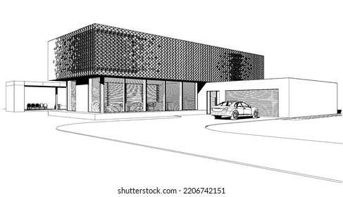 Vector black and white sketch of a modern house with a unique facade. Pattern on the facade. 3D model