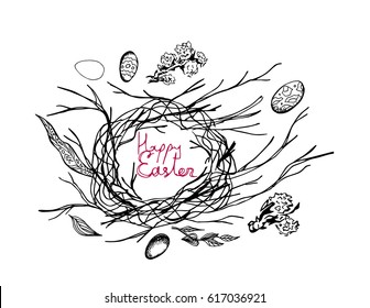 Vector black and white sketch of a nest or a wreath made of branches and decorative elements (branches of Pussy-Willow, leaves, stylized eggs), Easter design, isolated on white