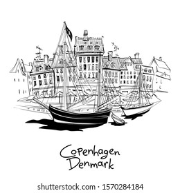 Vector black and white sketch of Nyhavn with facades of old houses and old ships in the Old Town of Copenhagen, capital of Denmark.