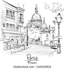 Vector black and white sketch of the Place du Tertre and the Sacre-Coeur, quarter Montmartre in Paris, France