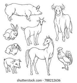 Vector black and white sketch set of isolated farm animals. Collection of silhouettes agricultural pets. Horse rooster pig rabbit goat and cow on the label for organic products or advertising flyers.