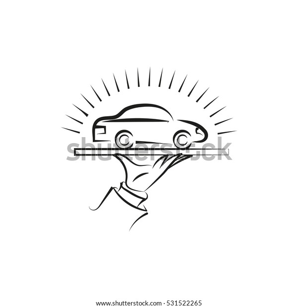Vector black and white sketch\
shining car standing on the tray the waiter. It can be used as a\
logo, the logo for delivery vehicles, auto service and auto\
insurance.
