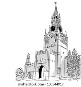 Vector black and white sketch of the Spasskaya Tower of the Moscow Kremlin, Russia, View from Red Square