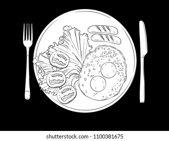 Vector black and white sketch  of typical english breakfast. Egg, salad, tomatoes and sausage served on the plate isolated from black background