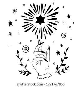 Vector black and white sketch of a witch's hand and a shooting star