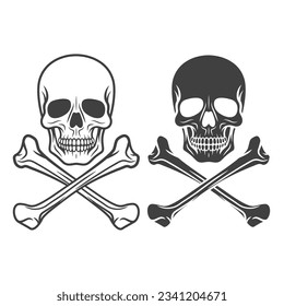 Vector Black and White Skull and Crossbones Icon Set Isolated. Skulls Collection with Outline, Cut Out Style in Front View. Hand Drawn Skull Head Design Template