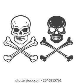 El conjunto de iconos del cráneo negro y blanco vectorial y de los huesos cruzados está aislado. Colección Skulls con contorno, Estilo de corte en la vista frontal. Plantilla de diseño de cabeza de cráneo dibujada a mano