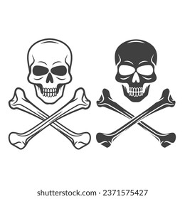 Vector Black and White Skull and Crossbones Icon Set Isolated. Skulls Collection with Outline, Cut Out Style in Front View. Hand Drawn Skull Head Design Template