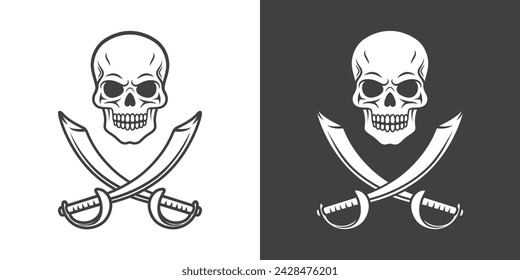 Vector Cráneo blanco y negro y cruz Sables Conjunto de iconos de primer plano aislado. Colección Skulls con contorno, estilo Cut Out en vista frontal. Plantilla de diseño de cabeza de calavera dibujada a mano
