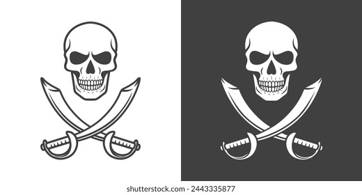 Vector Black and White Skull and Crosshairs Sabers Icon Set Closeup Isolated. Skulls Collection with Outline, Cut Out Style in Front View. Hand Drawn Skull Head Design Template