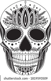 Vector black and white skull with ethnic ornament. Day of the dead, Halloween or tattoo concept, isolated on white background