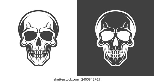 Vector Black and White Skull Icon Set Closeup Isolated. Skulls Collection with Outline, Cut Out Style in Front View. Hand Drawn Skull Head Design Template