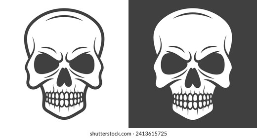 Vector Black and White Skull Icon Set Closeup Isolated. Skulls Collection with Outline, Cut Out Style in Front View. Hand Drawn Skull Head Design Template