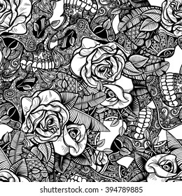 Vector Black and White Skull Roses Seamless Pattern