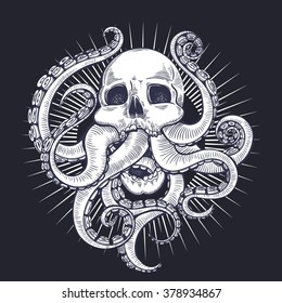 Vector Black and White Skull Tentacle Illustration