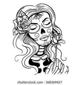 Vector Black and White Skull Woman Illustration