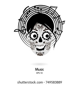 Vector black and white skull woman with painted face and musical notes around her. The symbol of old skull music.