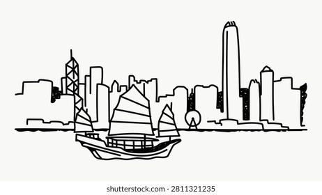 Vector black and white skyline with sailing boat and urban city silhouette