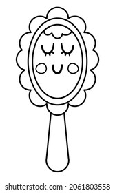 Espejo de belleza vectorial en blanco y negro durmiente aislado en fondo blanco. Ilustración accesoria de línea de cuento de hadas o página de coloreado. Elemento de princesa fantasía de cuento de hadas
