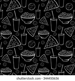 Vector Black White Sleepover Movie Night Party Food Seamless Pattern. Pizza. Drink. Cookie. Popcorn. Snack.