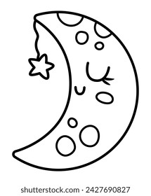 Vector blanco y negro sonriente icono de media luna con ojos cerrados. Cuento de hadas temático luna durmiente con estrella. Lindo elemento de diseño de contorno mágico. Icono de espacio o página para colorear
