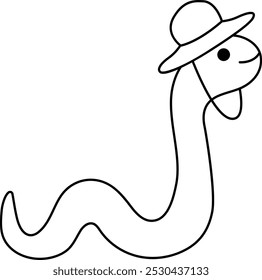 Vetor cobra preta e branca no ícone de chapéu. Cartoon arqueólogo animal clipart. Histórico dinossauro escavação ou escavações cientista ou explorador linha ilustração. Página de coloração de répteis bonito para crianças