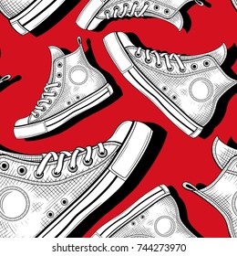 Vector Black and White Sneakers on Red Background Seamless Pattern