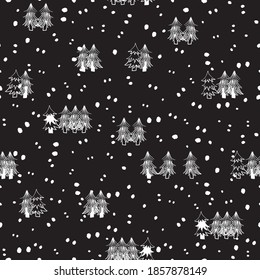 Vector black white snow, trees seamless pattern