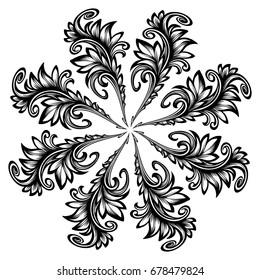 Vector black and white snowflake in baroque style