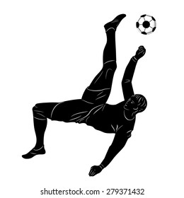 vector black and white soccer player silhouette. player shooting.white background