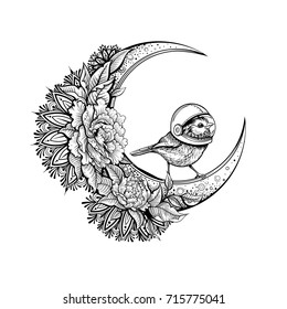 Vector Black and White Space Bird on the Moon Illustration