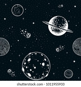 Vector Black and White Space Planets Seamless Pattern