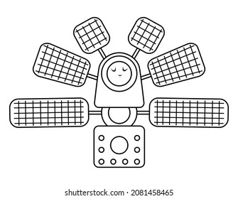 Vector black and white space station illustration for children. Outline smiling technics icon isolated on white background. Space exploration coloring page for kids.  
