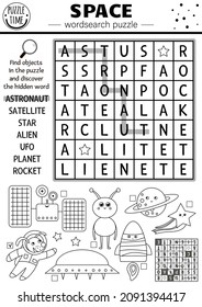 Vector black and white space wordsearch puzzle for kids. Simple astronomy crossword. Activity with UFO, astronaut, star, planet, rocket, alien. Solar system cross word or coloring page
