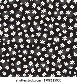 Vector black and white sparse scattered small fun daisy flowers repeat pattern with grey polka dot background. Suitable for textile, gift wrap and wallpaper.