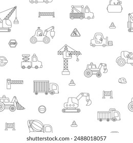 Vector black and white special transport seamless pattern. Construction site, road work, building transport line repeat background with bulldozer, tractor, truck. Digital paper with vehicles
