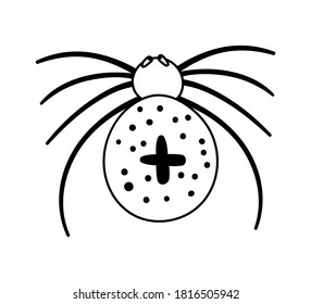 Vector black and white spider with cross on back. Halloween character icon. Cute autumn all saints eve illustration with scary insect. Samhain party coloring page for kids. 
