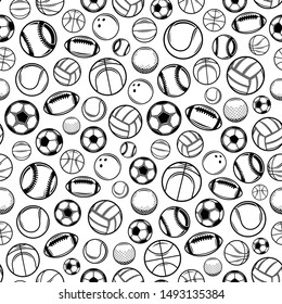 Vector black and white sport balls seamless pattern or background