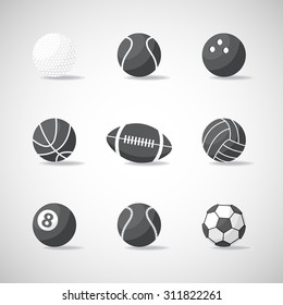 Vector black and white sports balls icon,sign,symbol,pictogram set,collection in flat style isolated , with shadow.Different sport equipment and balls.Sports games