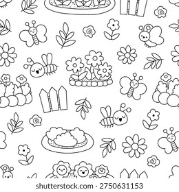 Vector black and white spring garden seamless pattern. Cute line farm repeat background with flower bed, insects, fence, plants. Nature digital paper, coloring page. Spring or summer texture
