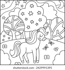 Vector black and white square background with unicorn, field, magic forest, clouds, stars. Fantasy world line scene with trees. Fairytale landscape coloring page. Cute night sky illustration for kids