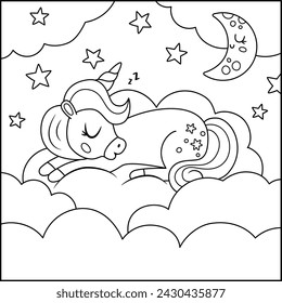 Vector black and white square background with unicorn sleeping on cloud under stars. Magic or fantasy world scene. Fairytale line landscape coloring page. Cute night sky illustration for kids 
