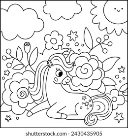 Vector black and white square background with unicorn with flowers under clouds, sun. Magic or fantasy world line scene. Fairytale landscape coloring page. Cute sunny day illustration
