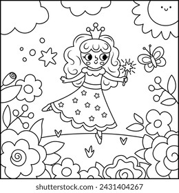 Vector de fondo cuadrado blanco y negro con princesa de hadas con flores. Escena de línea de mundo de magia o fantasía. Paisaje de cuento de hadas o página para colorear. Lindo día soleado ilustración para niños 
