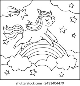 Vector black and white square background with unicorn running above the rainbow under night sky. Magic world line scene. Fairytale landscape coloring page. Cute horse illustration for kids 
