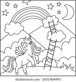 Vector black and white square background with unicorn with ladders on clouds to rainbow. Magic or fantasy world line scene. Fairytale landscape coloring page. Cute horse illustration for kids 
