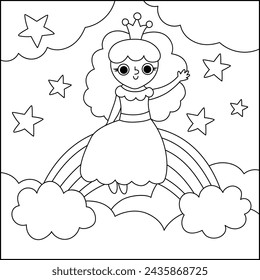 Vector de fondo cuadrado blanco y negro con princesa de hadas sentado en el arco iris y agitando la mano. Escena de línea de mundo de magia o fantasía. Paisaje de cuento de hadas o página para colorear. Ilustración del cielo nocturno
