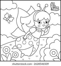 Vector black and white square background with bug fairy. Fairyland landscape line illustration. Cute scenery with magic princess with meadow. Fantasy nature scene illustration, coloring page
