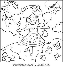 Vector black and white square background with deer fairy. Fairyland landscape line illustration. Scenery with magic princess, meadow, sky. Fantasy nature scene illustration, coloring page
