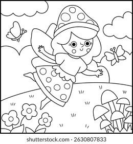 Vector black and white square background with mushroom fairy. Fairyland landscape line illustration. Cute scenery with magic princess, meadow. Fantasy nature scene illustration, coloring page
